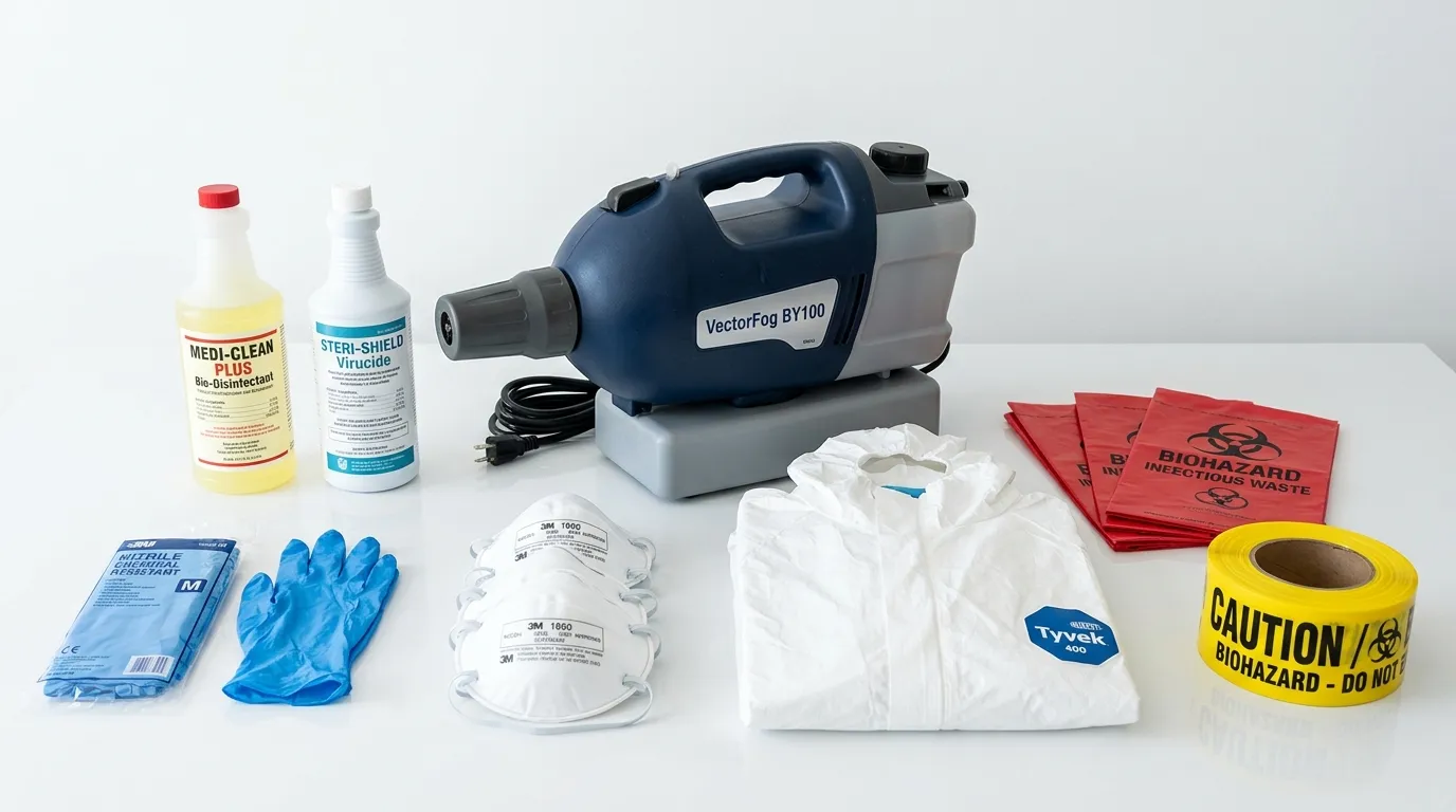 Professional biohazard remediation crew working in Merced